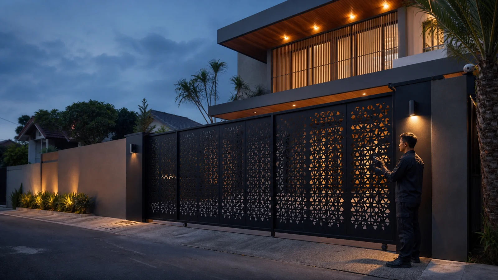 Pagar laser cutting geometris pada fasad rumah modern