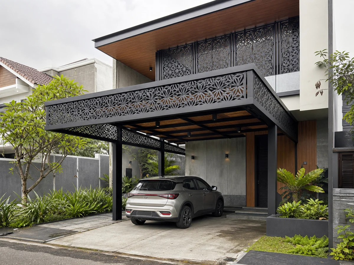 Kanopi dan panel balkon dengan finishing powder coating hitam